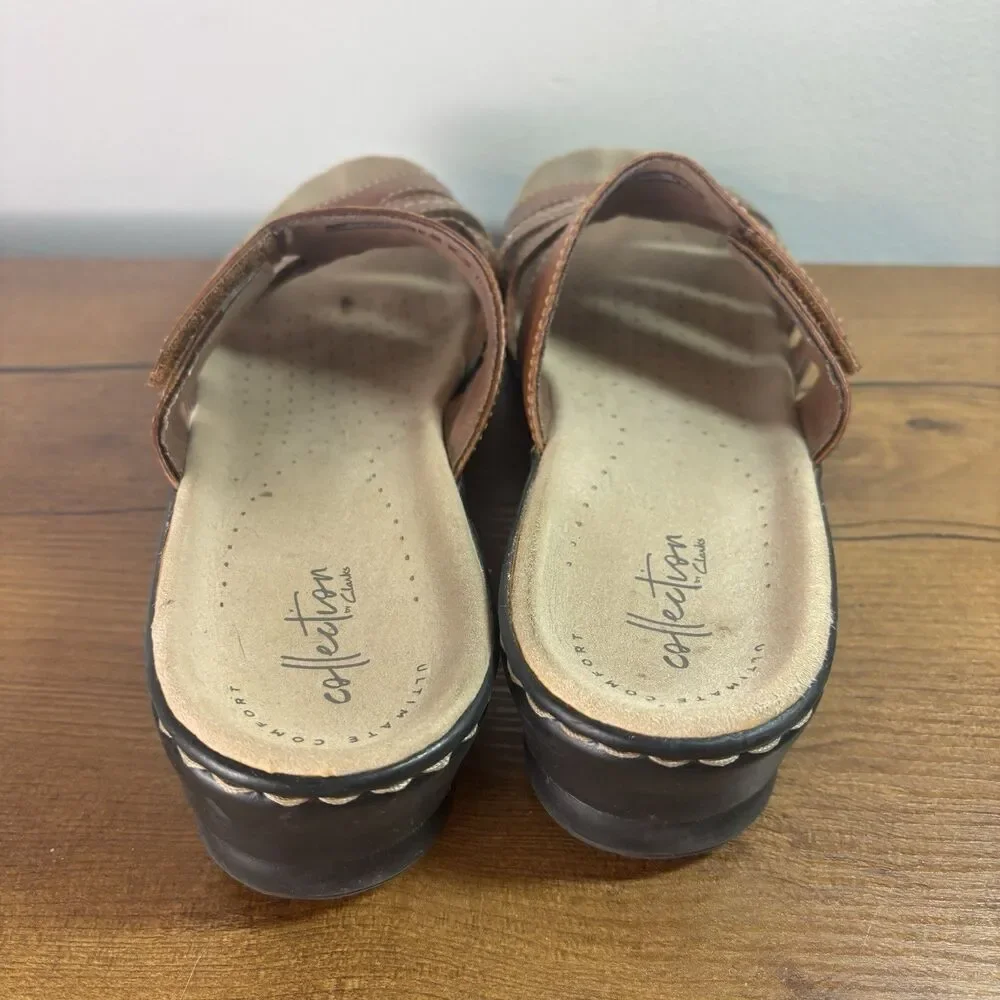 Clarks Women's Lexi Sabrina Sandals Brown Tan Leather Slip On Wedge US 8.5